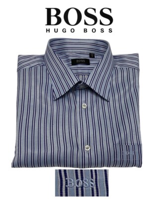 Hugo Boss Men's Dress Shirt XL LOGO White Blue Striped Cotton