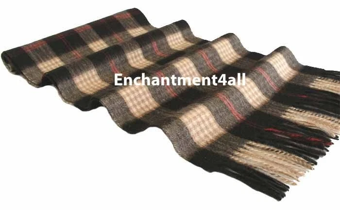 100% 2-PLY PURE CASHMERE 70"x11" MEN NECK PLAID SCARF MUFFLER, Brown/Camel/Red