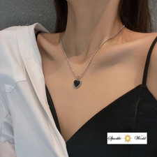 Women Silver Black Heart French Necklace Heart Pendant Bead Chain Jewllery Gift
