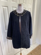 Chico's 1 M Black Metallic Tweed Gold Beaded Leopard Lined Blazer Mint