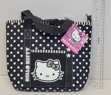 Lunch Bag - Hello Kitty - Polka Dot 9" Black Zip Top Tote Hand Case NEW Girls