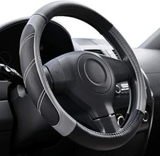 Leather Steering Wheel Cover 15.516in Black Gray Grip For Car Suv