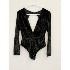 Victoria's Secret Black Crushed Velvet Deep V-Neck Open Back Bodysuit M/L