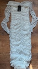 Fashion Nova White Mesh Ruched Off Shoulder Long Sleeve Bodycon Dress