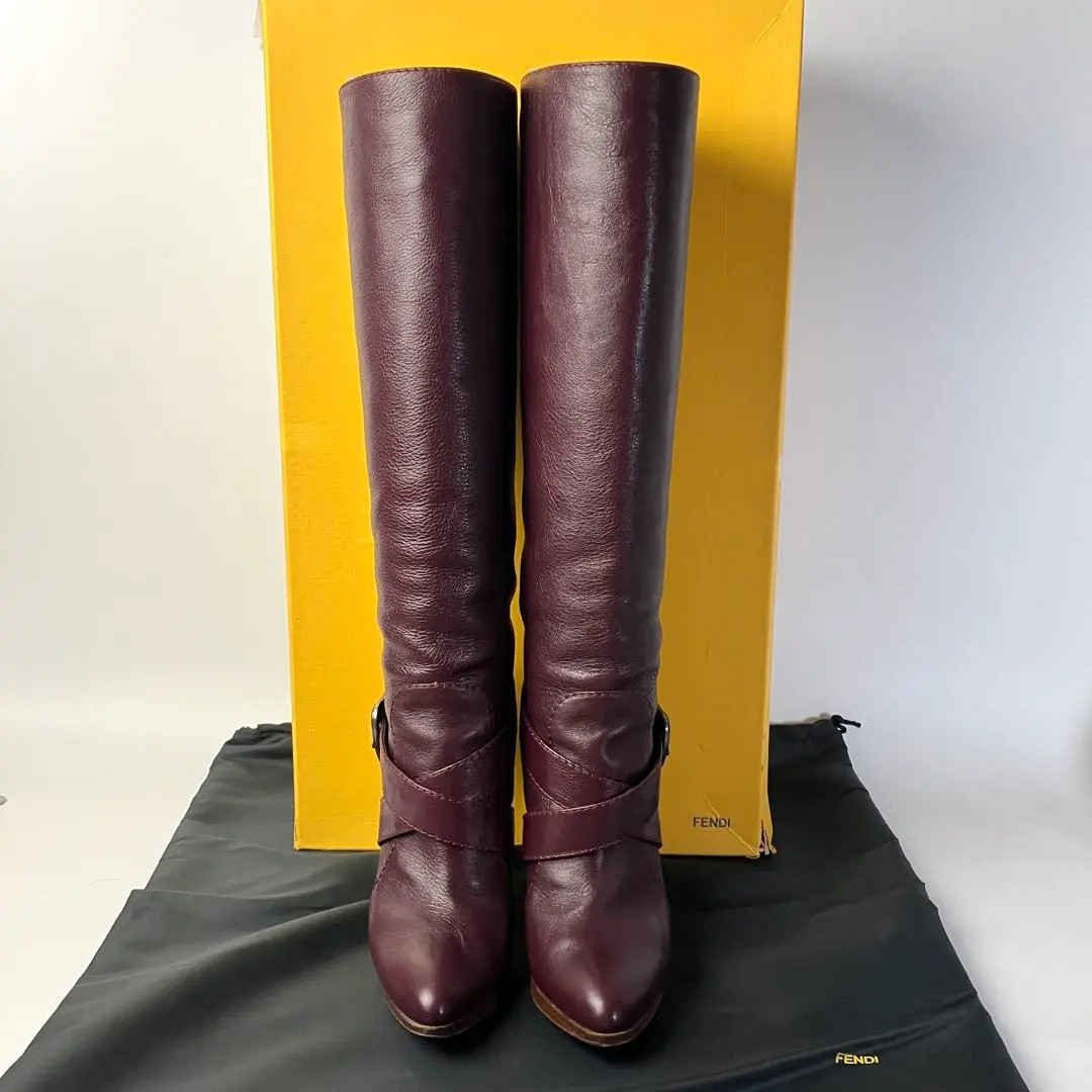 FENDI Long Boots Shoes EU 37.0 US 7.0 Leather Burgundy Authentic by JAPAN FS thumbnail 3