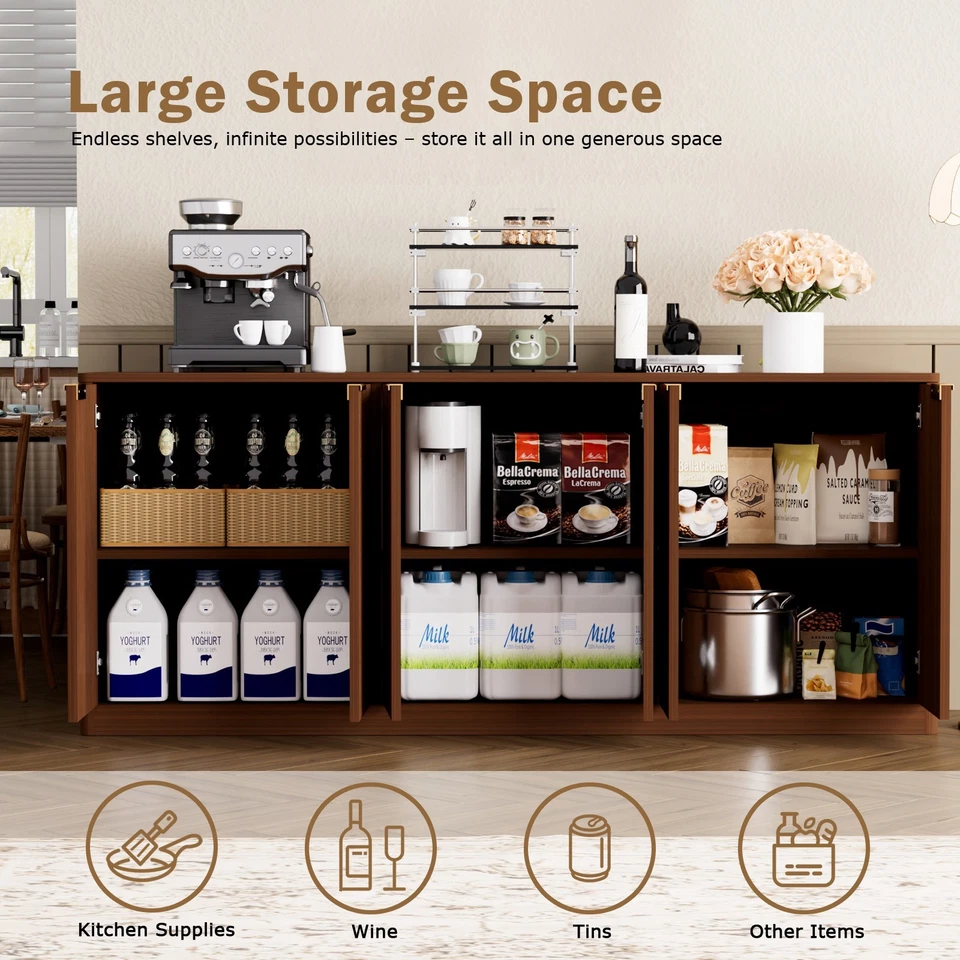 67" Fluted Sideboard Cabinet with 6 Doors Wood Buffet Storage CredenzaAdjustable - Image 4 of 4