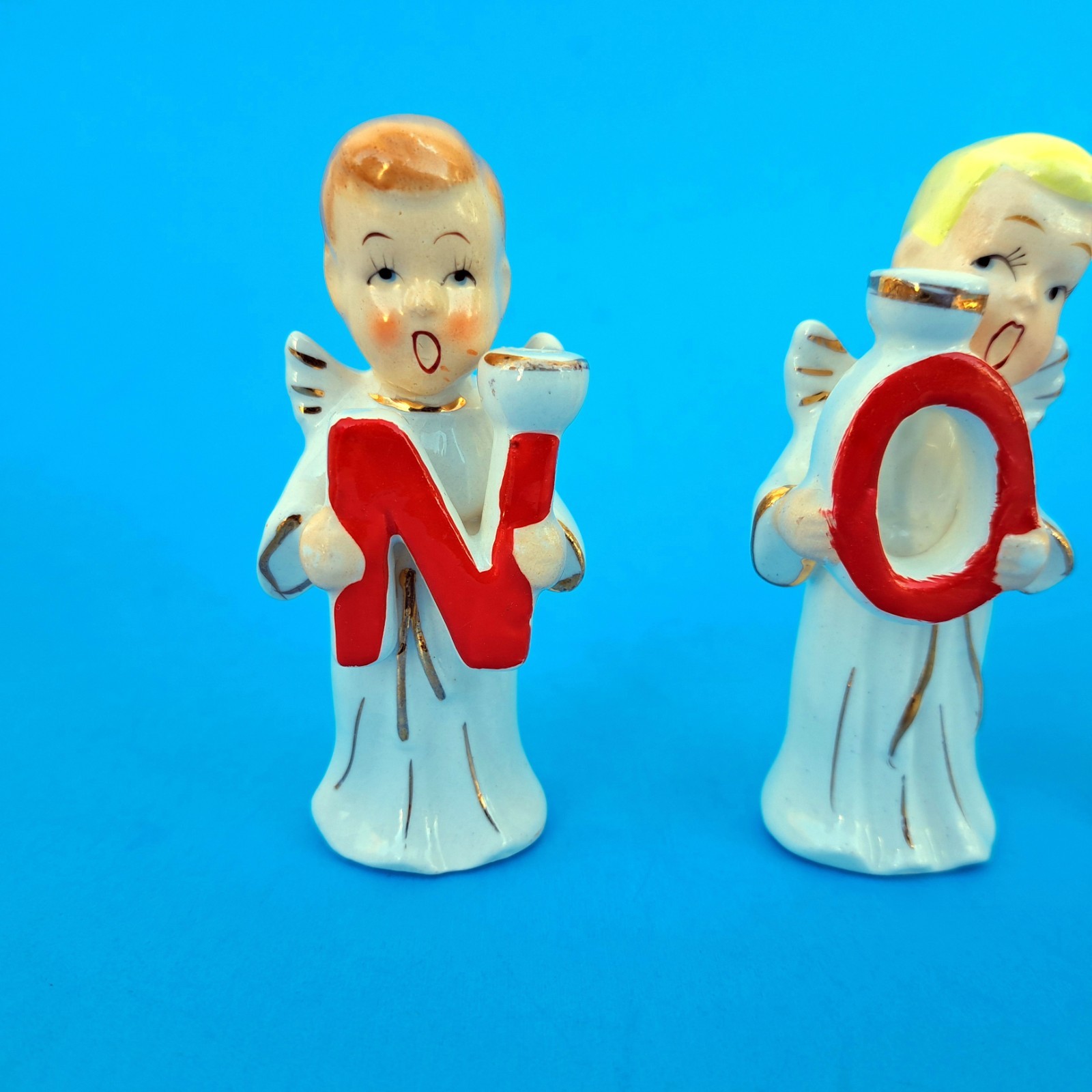 Vintage Commodore NOEL Christmas Choir Angels Porcelain Candle Holders Japan MCM