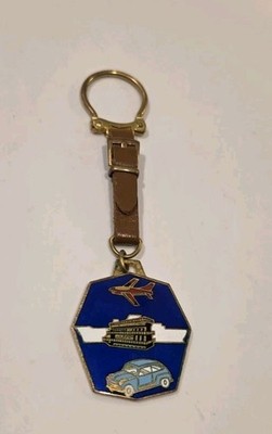 Vintage Enameled Fiat 600 Cielo Terra Mare Leather Keyring Nice