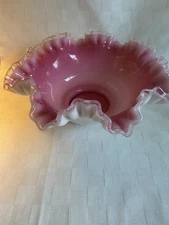 Fenton Glass Pink and White Peach Blow Ruffled Crimped Silver Crest Bowl 10”