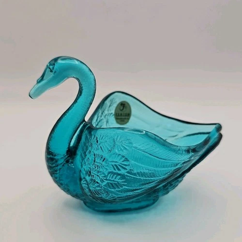 Vtg Fenton Art Glass Blue/Teal Swan Candy/Trinket Dish Figurine 4" w/Sticker 