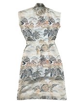 VTG Brocade Qipao Cheongsam Dress Asian Landscape Metallic Jacquard Sz S