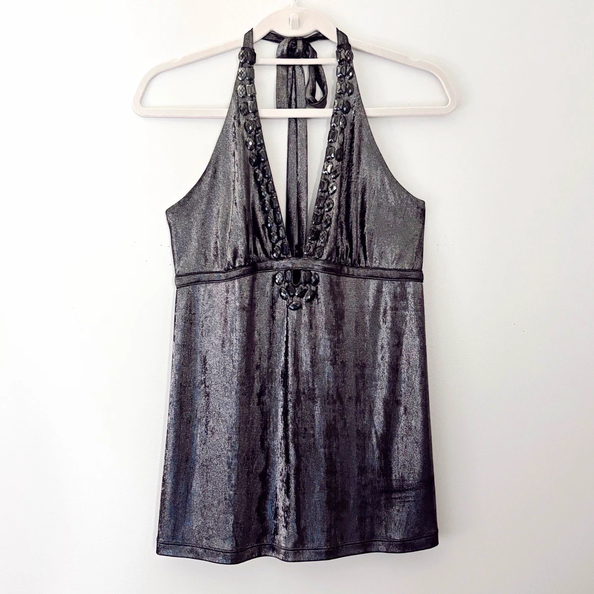 VTG y2K Express Women's Black Satin Halter Top Beaded Trim Tie Neck Size S