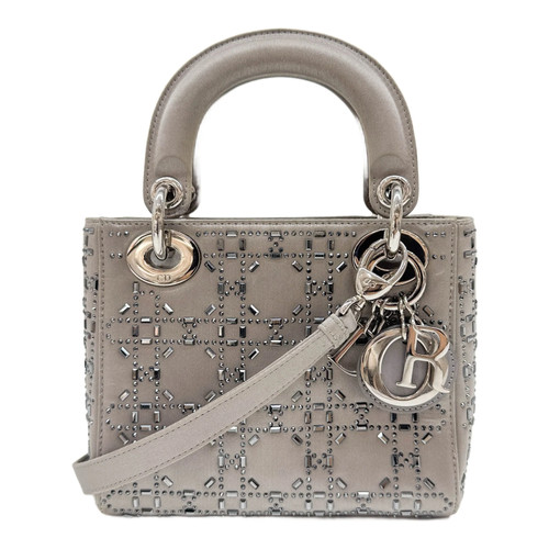 DIOR Mini Lady Dior Cannage Rhinestone Embellished Grey Satin Two Way Bag