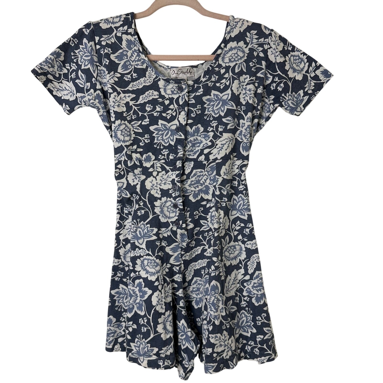 Sm Y2k VTG Floral Cotton Romper Blue White Cottagecore Summer Shorts Coastal Fem
