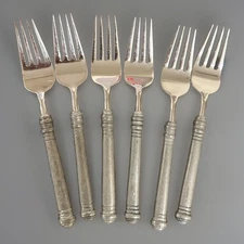 6 Pottery Barn 70% PEWTER Banded Handle & 18/8 Stainless Dinner Fork 8”