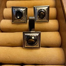 Vintage Sarah Coventry cuff links and tie Clip Black, Silver And Clear Stone