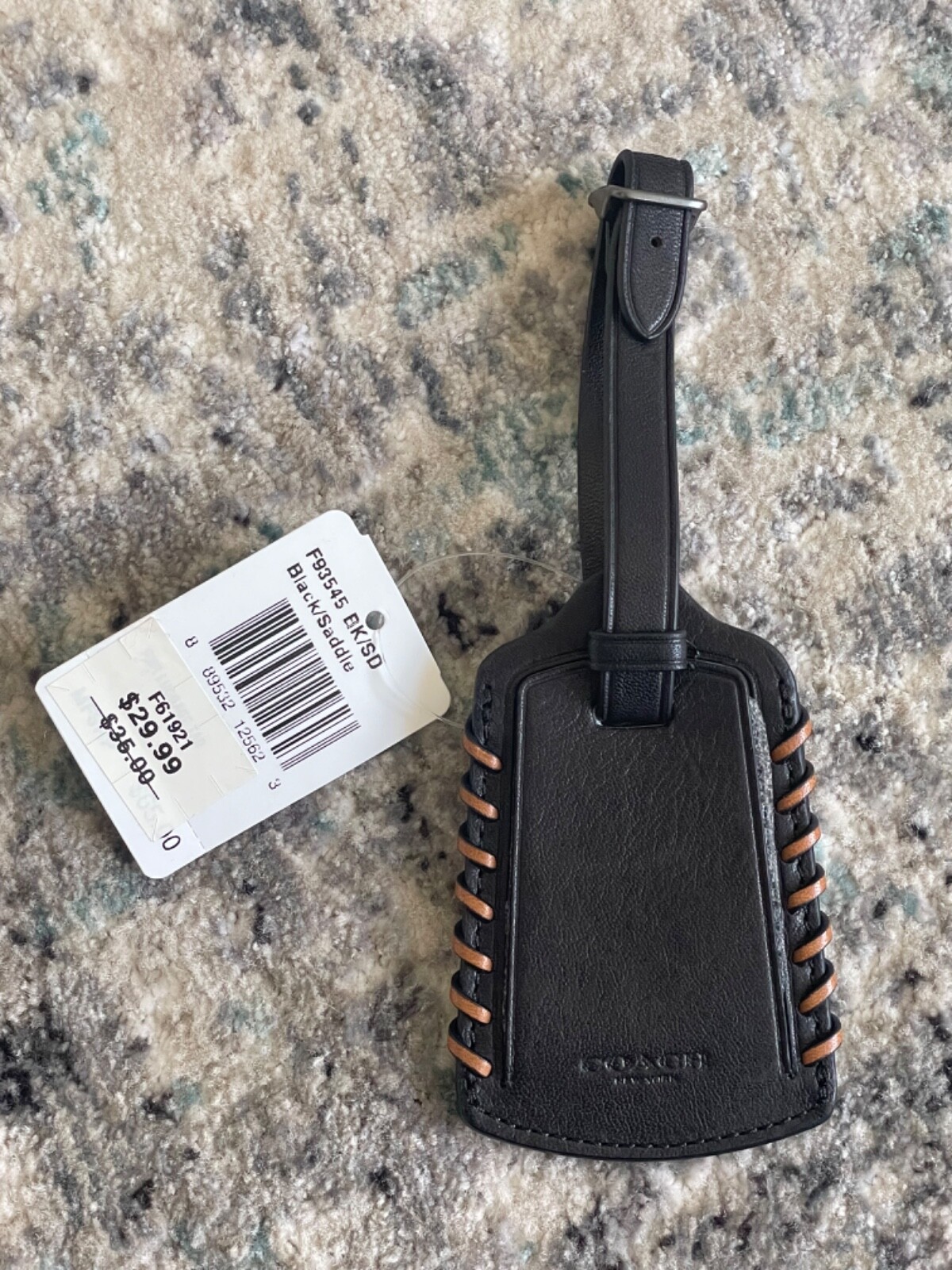 NWT Coach Rip and Repair Luggage Tag in Sport Calf Leather Black Saddle F93545