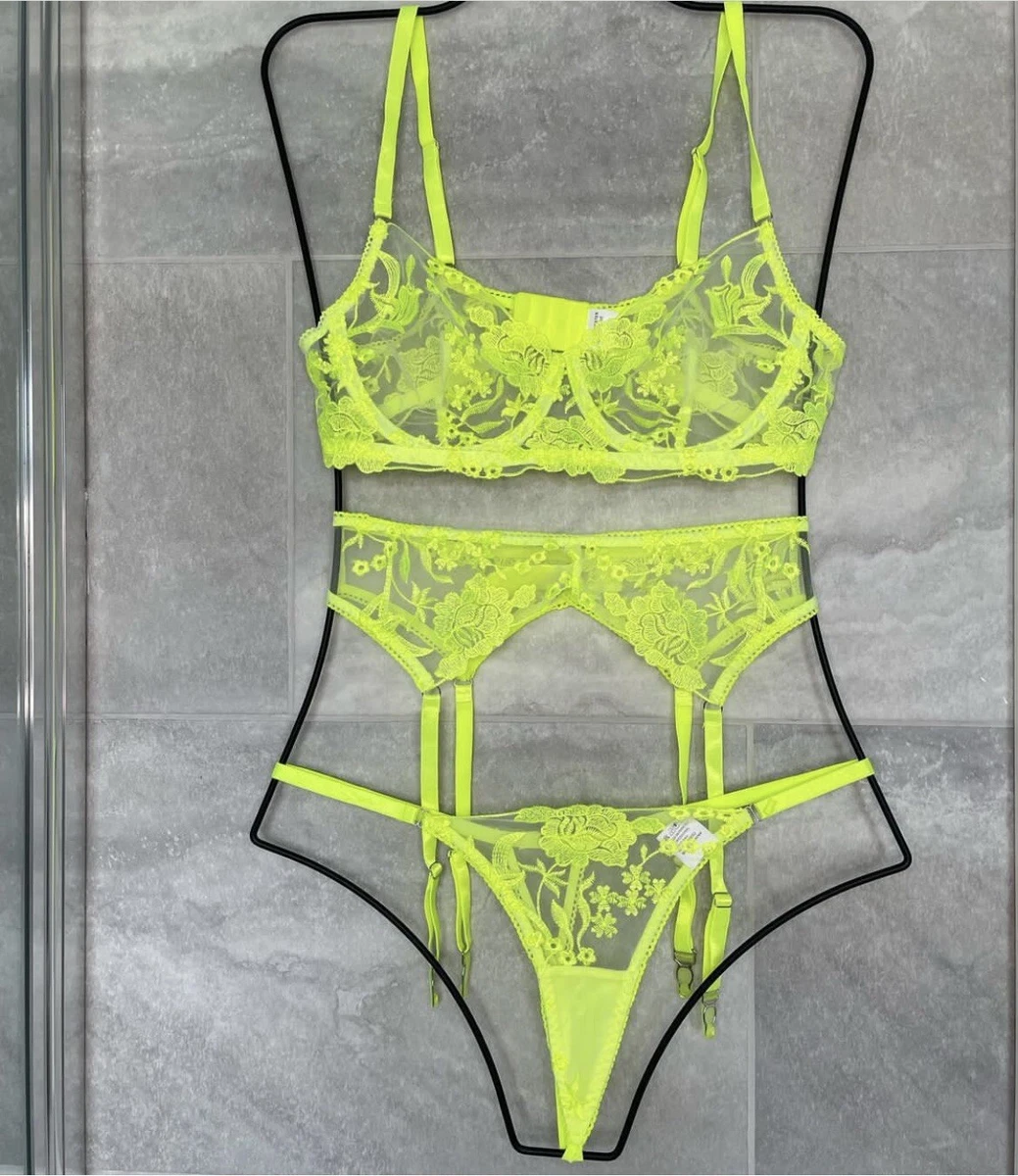 Lime Green 3 Piece Lingerie Set Garter Bra And Thong eBay