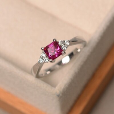 1.18 Ct Real Natural Ruby & Diamond Anniversary Ring 14K Solid White Gold