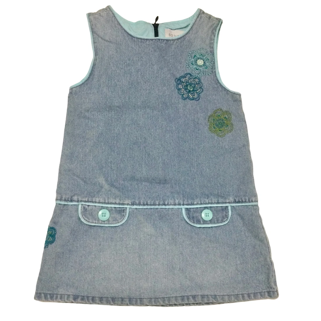 Sonoma Vintage Girls Denim Sleeveless Dress Size 5 Embroidered Flowers