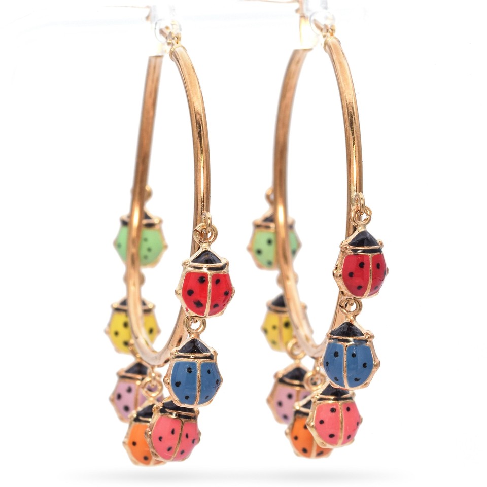 14K Yellow Gold Multicolor Enamel Ladybug Hoop Earrings eBay