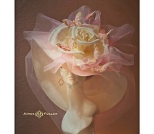 Kentucky Derby Hat White Rose Flower Gold Pink Butterfly Hat Royal Ascot Del Mar