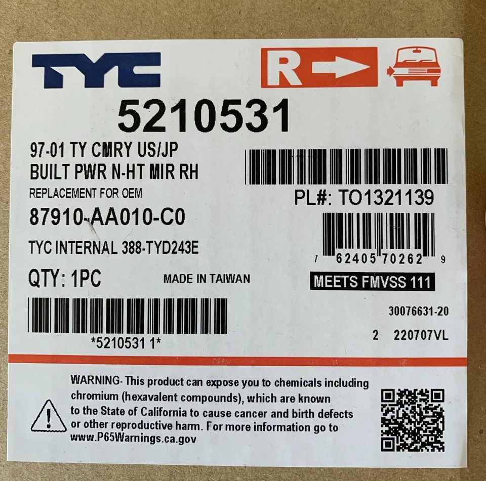 Espejo retrovisor derecho para Toyota Camry 2000 1998 1999 1997-2001 TYC 5210531 Foto 3 de 3