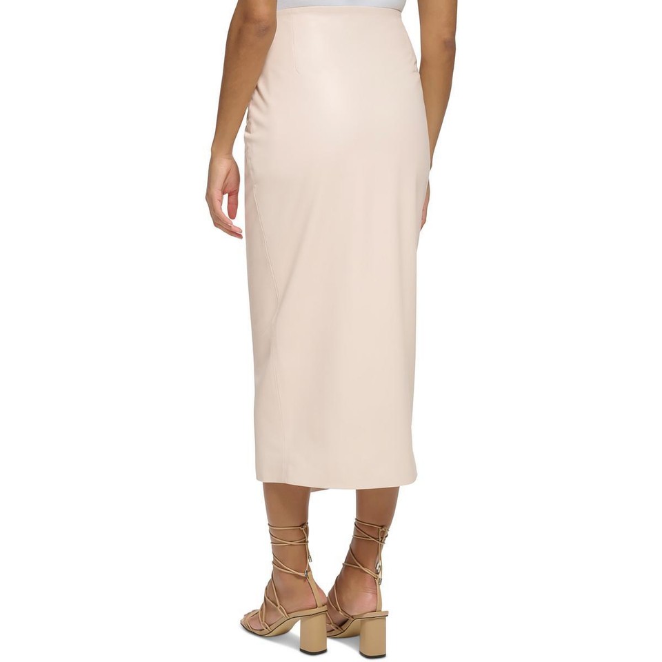 Donna Karan Womens Pink Vegan Leather Bow Faux Wrap Midi Skirt 12 BHFO