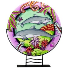 Dolphin Design Art Glass Round on Stand Sun-Catcher 10"
