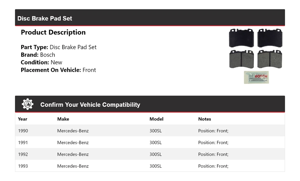 适用于 1990 - 1993 梅赛德斯 300SL 博世半金属刹车片前 1991 年 1992 — 第 2/4 张图片
