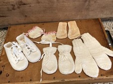 5 Pairs Vintage Hand Knitted Crocheted Baby Doll Shoes Socks Mittens Booties