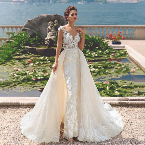 Champagne Detachable Train Mermaid Wedding Dress Lace Sheer Custom ...