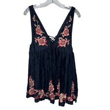 Free People Aida Slip Dress Small Blue Embroidered Boho Festival Mini Tunic