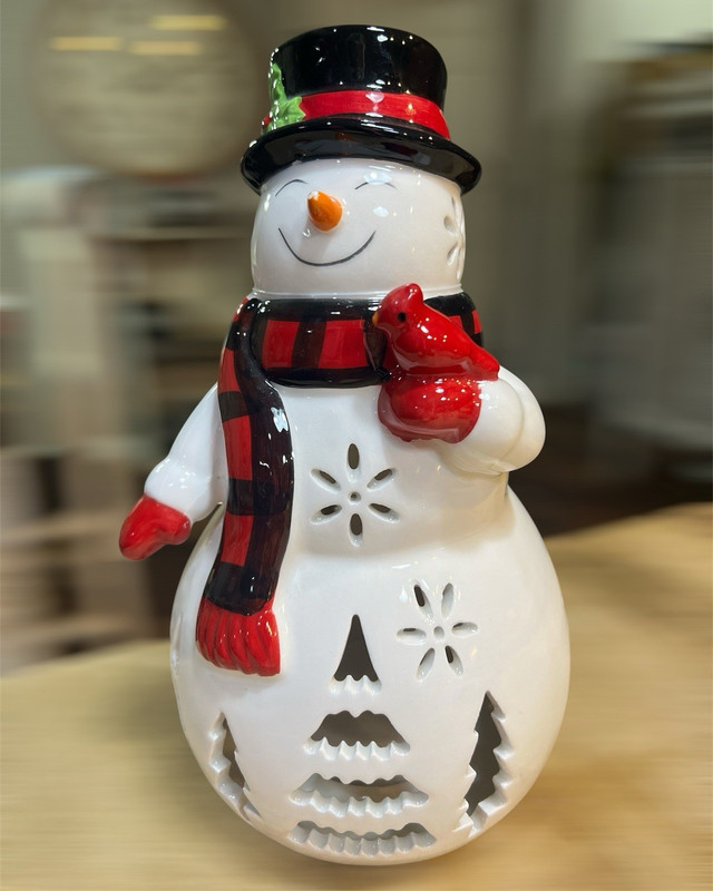Ceramic Snowman Tea Light Candle Holder, Glazed Decorative, Christmas Colors