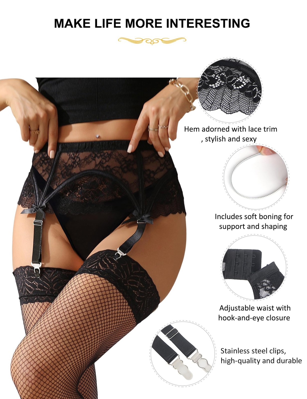 Women Lace Garter Belt Plus Size Garter Belt Set with 4 Straps Black Suspende...