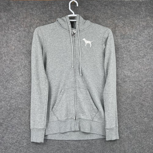 PINK Victoria's Secret Hoodie Womens Medium Gray Full Zip Logo Back Graphic