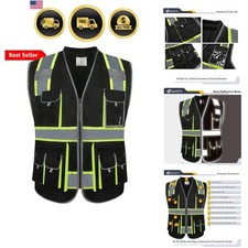 10 Pockets Hi-Vis Zipper Front Black Safety Vest Cushioned Collar High Re...