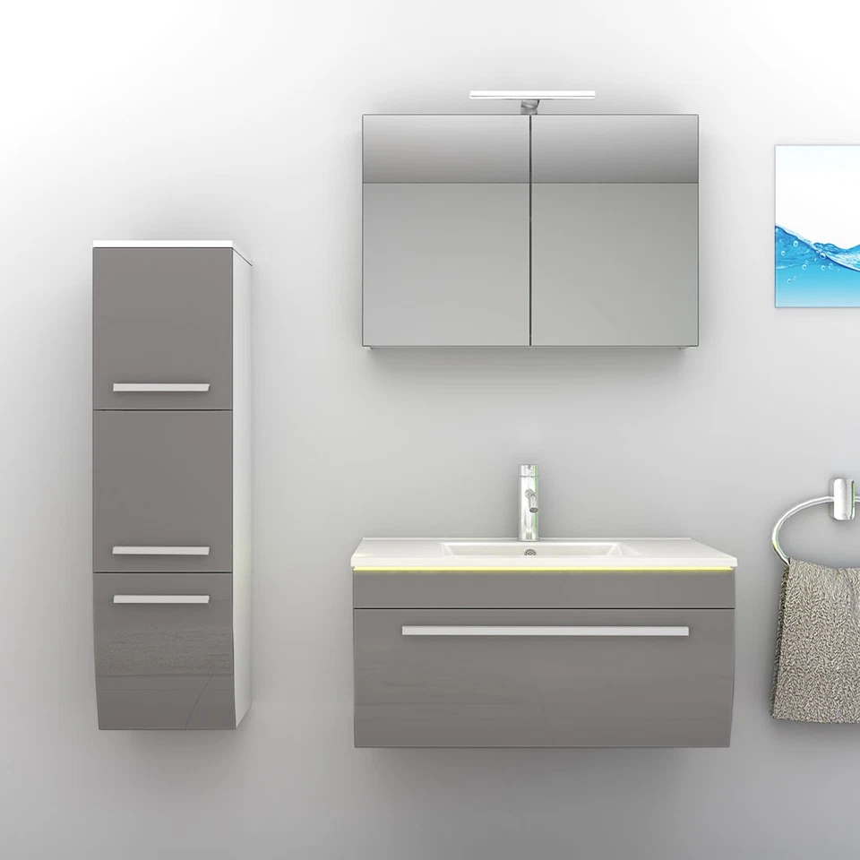 Badmöbel Set Gently 3 V2-L Weiß/Grau Badezimmermöbel Badspiegel Waschtisch 80 cm - Bild 3 von 4