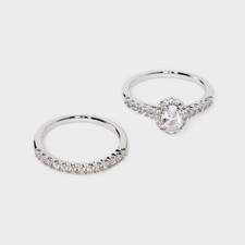 Silver Plated Halo Oval Cubic Zirconia and Pave Wedding Ring Set 2pc - A