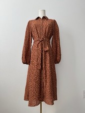 Nine West Leopard Print Midi Shirt Dress Tie Waist Long Sleeve Brown S 