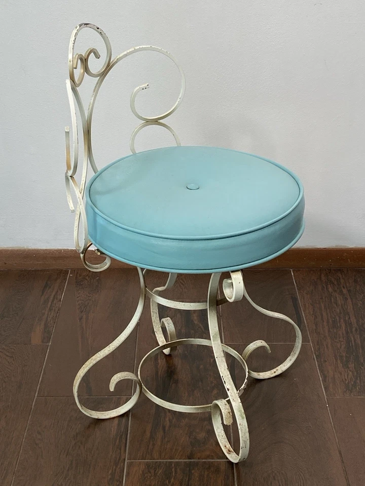 Silla tocador de hierro forjado redonda Mid Century Aqua de colección cojín base desplazada ¡Guau! Foto 3 de 4