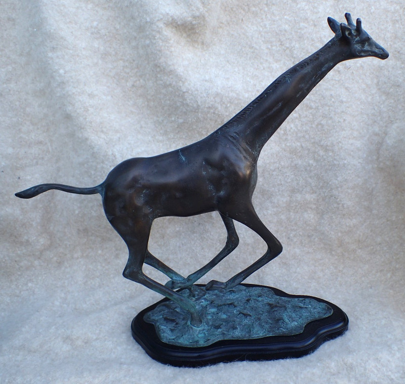 RUNNING GIRAFFE BRONZE SCULPTURE 13 1/2" TALL ON WOOD BASE FINE QUALITY