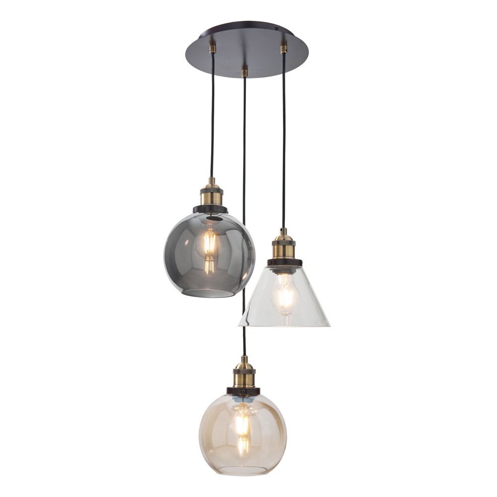 Litecraft Lula Ceiling Pendant Industrial Style Cluster 3 Light - Brass, Bronze