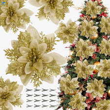 16 PCS Poinsettia Flower Artificial Christmas Decorations Gold