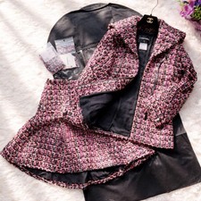 CHANEL Tweed Suit Set Blouson & Flared Skirt with Globe Buttons, Used