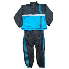 Vintage 90s Adidas Track Suit Jacket Pants Set Mens Size Medium Black Blue Nylon