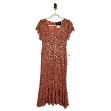 NWT Mac Duggal Rose Gold Pink Sequin Flutter Sleeve Flute Midi 10801 Dress US 6