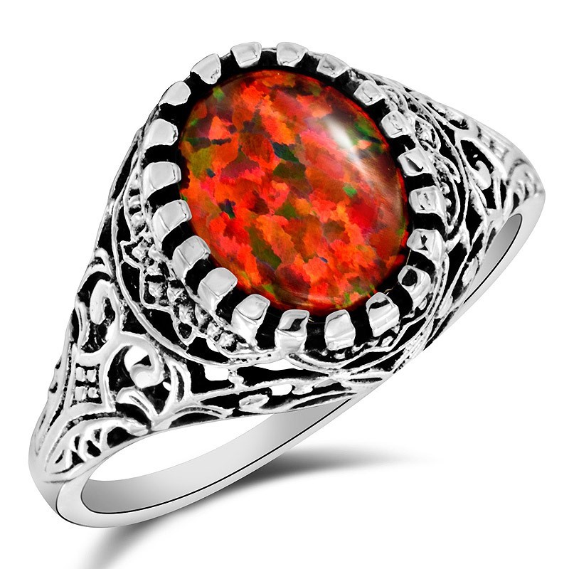 2CT Heat Treated Red Fire 925 Solid Sterling Silver Vintage Art Ring Sz 7 F3-7