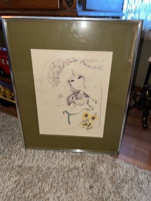 William Tara Lady With Cat Framed Vintage 1970's Framed Lithograph **READ**