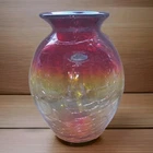 Handmade Blenko Amberina Crackle Glass Vase Made In USA-8" Red Yellow Decorative